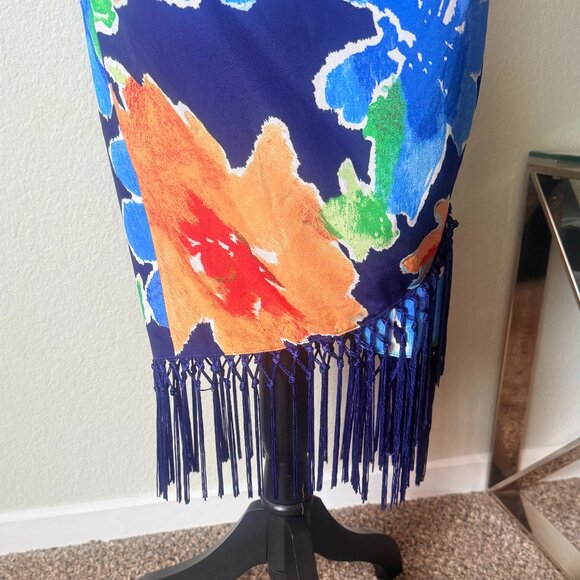 LRL Ralph Lauren Faux Wrap Floral Fringed Skirt (Blue, Orange & Red) - Picture 2 of 6
